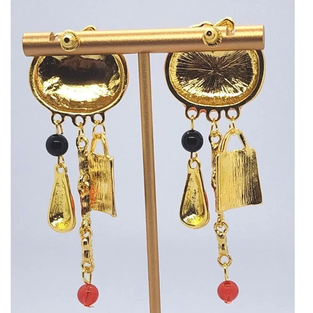 Halloween Jack 'o Lantern Tassel Earrings Colorful Enamel on God Tone Metal
